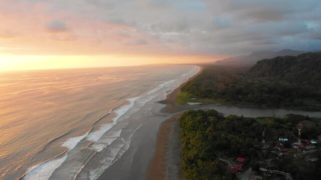 Aerial view of the beach shore in Dominical, Costa Rica.