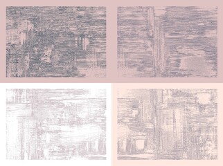 Abstract grungy backgrounds, acrylic set of four paintings. Light hand drawn monochrome pattern. Artistic vector texture, irregular cross hatching strokes on canvas