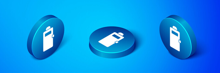 Isometric Police assault shield icon isolated on blue background. Blue circle button. Vector.