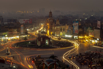 night photography with slow shutter and lines of traffic lights at ghanta ghar , clock tower Multan 