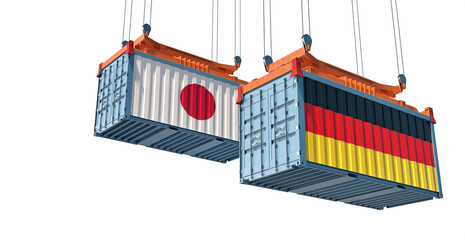 Freight containers with German and Japan flag. 3D Rendering 
