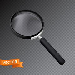 Magnifying glass with dark handle. 3D realistic vector illustration isolated on a transparent background