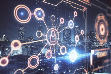 Obraz premium Multi exposure of social network theme drawing and cityscape background. Concept of people connecton.