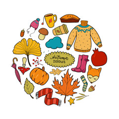 set of hand drawn autumn doodles isolated on white background