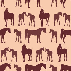 seamless background of figures of Arabian horses, a Mare with a foal and a stallion on a colored background