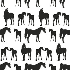 seamless background of figures of Arabian horses, a Mare with a foal and a stallion on a white background