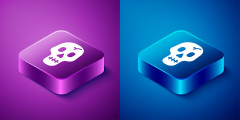 Isometric Skull icon isolated on blue and purple background. Happy Halloween party. Square button. Vector.