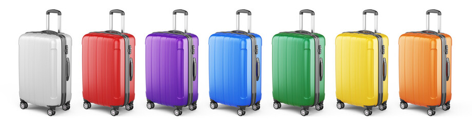 Stylish Colorful Suitcase on wheels isolated on white. Travel concept - suitcase 3d icon. 3d rendering