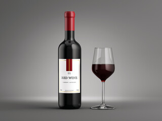 Elegant glass and bottle of red wine on gray background. 3d rendering