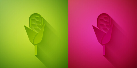 Paper cut Corn icon isolated on green and pink background. Paper art style. Vector.