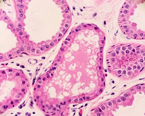 Fototapeta premium Apocrine sweat glands from the underarm or axilla area containing secretions. Microscopic view.