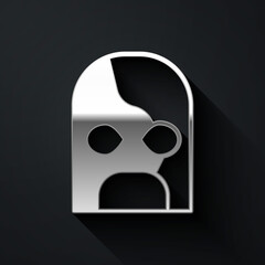 Silver Mexican wrestler icon isolated on black background. Long shadow style. Vector.