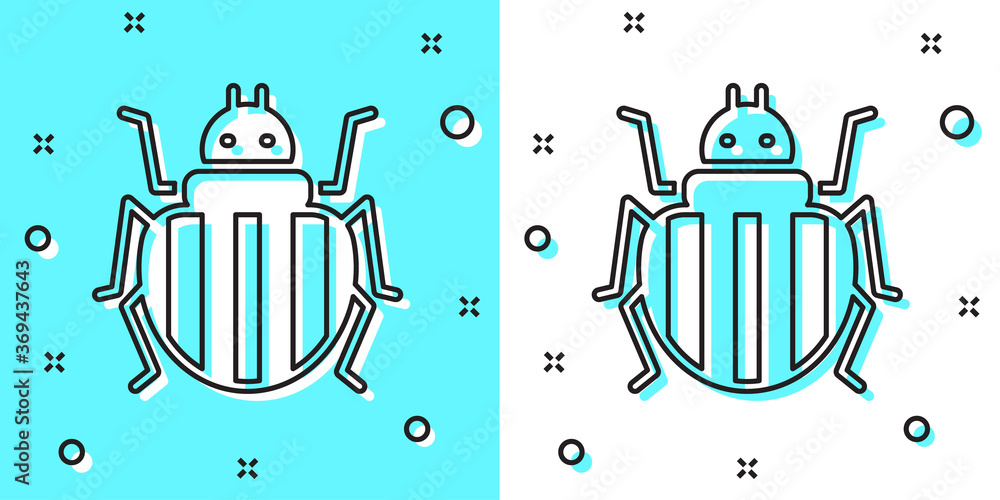 Poster black line colorado beetle icon isolated on green and white background. random dynamic shapes. vecto