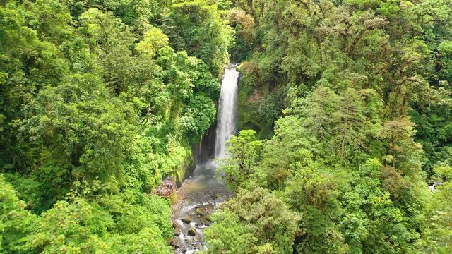Aerial view of a waterfall at La Paz Waterfalls, Costa Rica.
