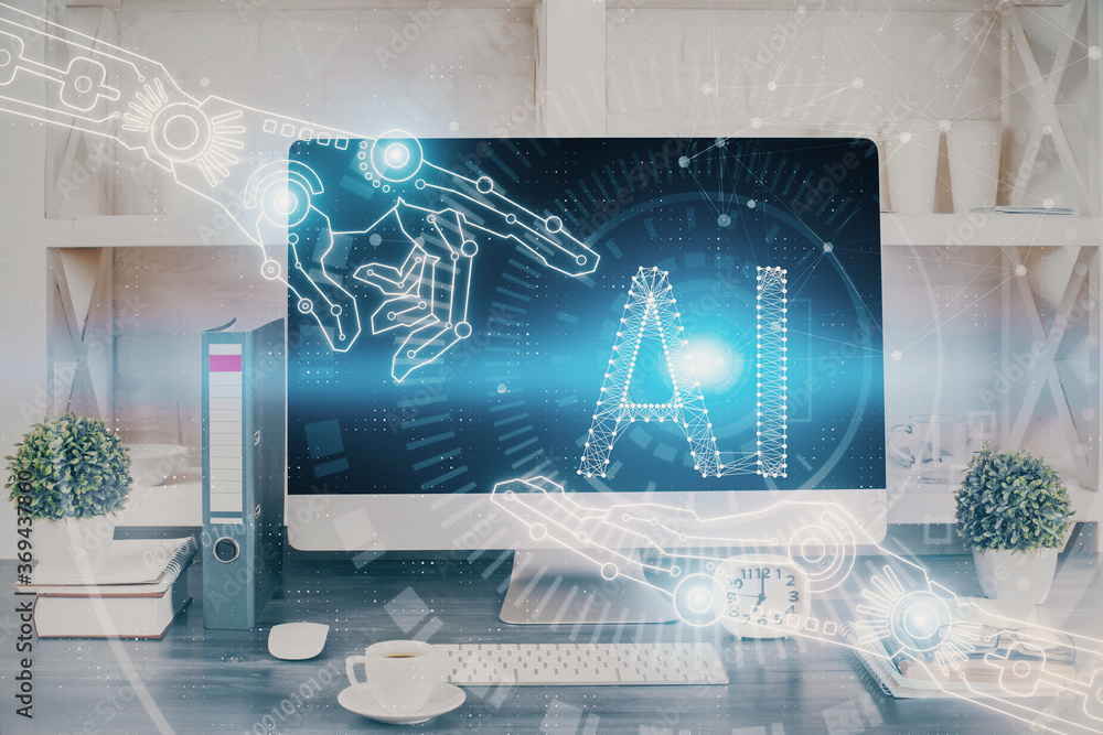 Aufkleber Double exposure of table with computer on background and data theme hologram. Data technology concept.
