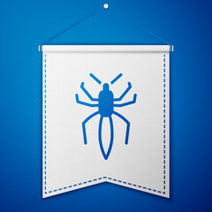Blue Spider icon isolated on blue background. Happy Halloween party. White pennant template. Vector.