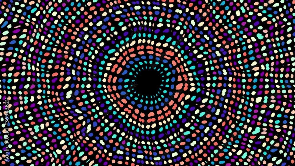 Poster transforming mandala in afro style on black background. seamless loop footage.