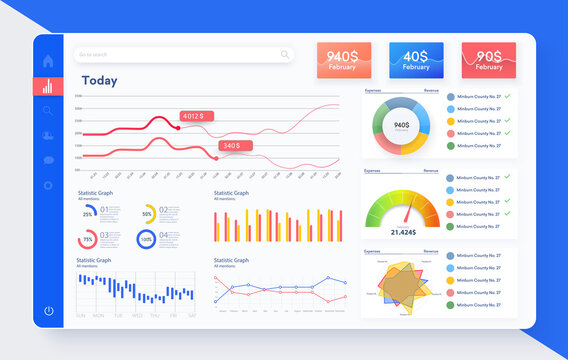 Dashboard, great design for any site purposes. Business ui, ux infographic template. Vector flat illustration. Big data concept Dashboard user admin panel template design. Analytics admin dashboard. 