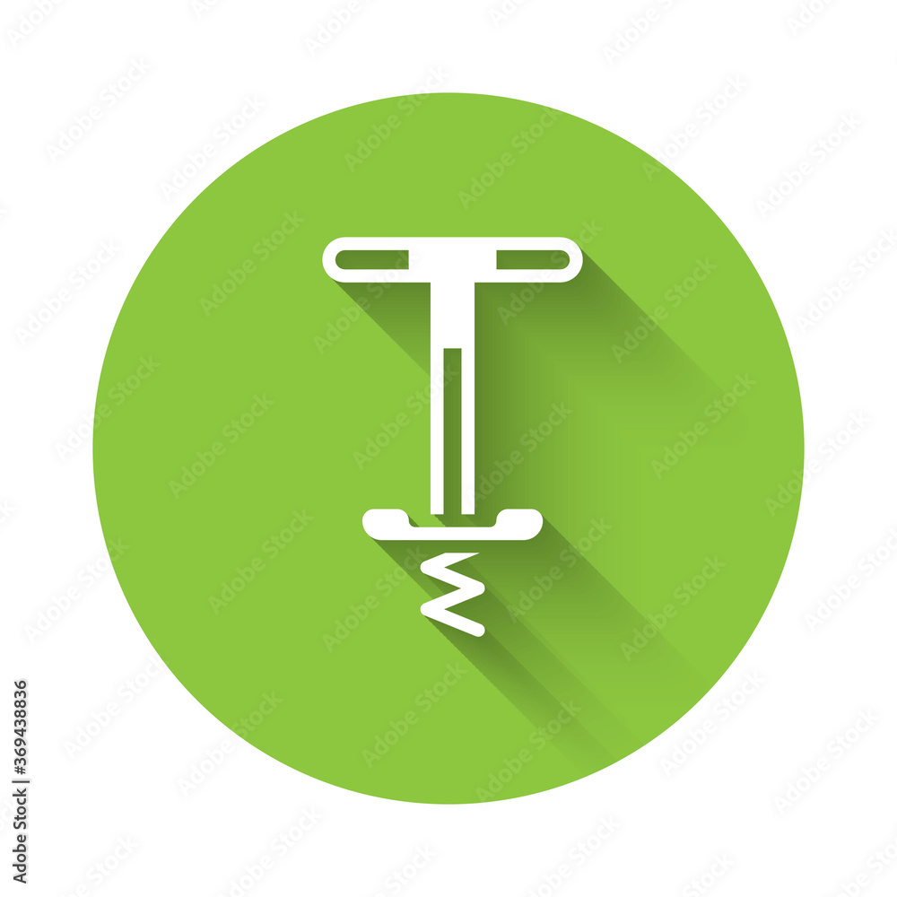 Poster White Pogo stick jumping toy icon isolated with long shadow. Green circle button. Vector.