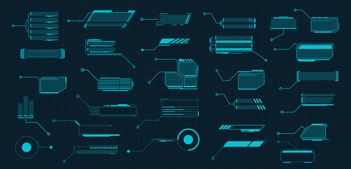 Callouts titles. Callout bar labels, information call box bars and modern digital info. Tech digital info boxes hud templates. Futuristic set advertising communication. Vector illustration