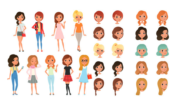 Teenage Girl Creation Set, Cute Girls in Fashionable Clothes with Various Haircuts, Faces, Poses Cartoon Style Vector Illustration
