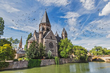 View of Metz with Temple Neuf at the Moselle River, Lorraine, France