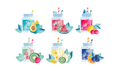 Fototapeta na wymiar Fruit Smoothie Drinks Set, Nutritious Organic Fresh Healthy Beverages with Various Ingredients Vector Illustration