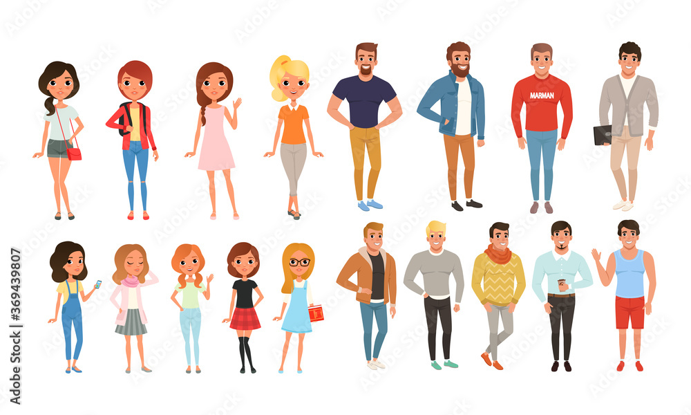 Sticker Teenage Boys and Girls in Various Outfits, Students Posing Wearing Fashionable Clothes Cartoon Style Vector Illustration