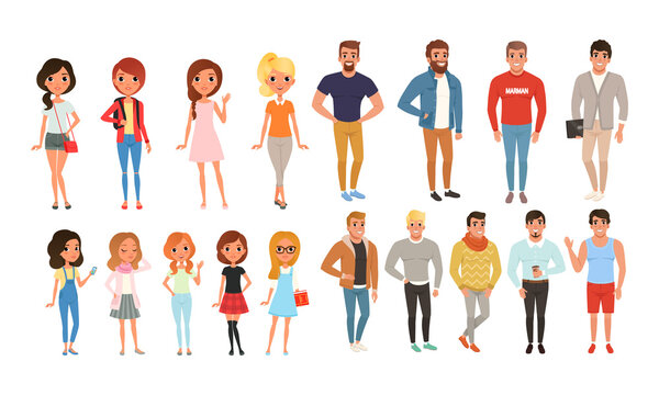 Teenage Boys and Girls in Various Outfits, Students Posing Wearing Fashionable Clothes Cartoon Style Vector Illustration