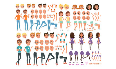 Teenage Boy and Girl Creation Set, Cute Girls and Boys with Various Haircuts, Face Emotions, Poses Cartoon Style Vector Illustration