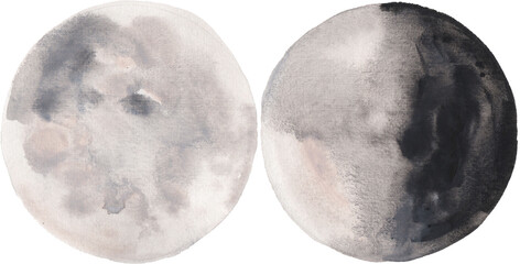 Watercolor full moon and half-moon, hand painted and scanned at high quality