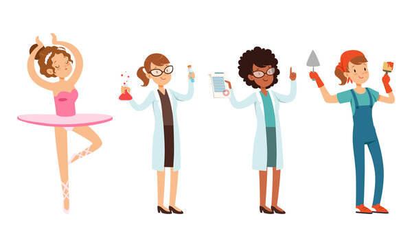 Children of Various Professions Set, Ballerina, Doctor, Scientist Characters Cartoon Style Vector Illustration