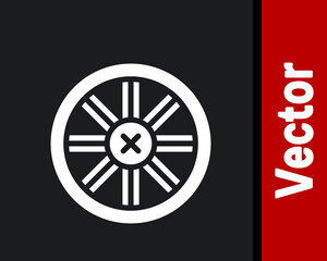 Obraz premium White Old wooden wheel icon isolated on black background. Vector.