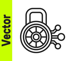 Black line Cyber security icon isolated on white background. Closed padlock on digital circuit board. Safety concept. Digital data protection. Vector.