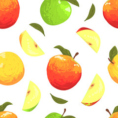 Fresh Apples Seamless Pattern, Freshly Harvested Fruits Endless Repeating Print for Fabric, Wrapping Paper, Background Vector Illustration