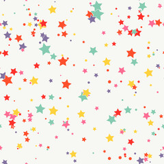 Cartoon colorful geo seamless pattern with chaotic stars and dots. Confetti wrapping paper. Messy geometric infinity background.  Vector illustration. 