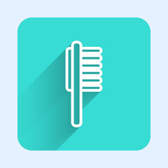 White line Pets vial medical icon isolated with long shadow. Prescription medicine for animal. Green square button. Vector.