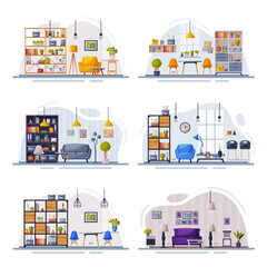 Modern Home Interiors with Comfy Furniture Set, Cozy Apartments Furnished in Trendy Scandinavian Style Vector Illustration