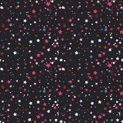 Cartoon colorful geo seamless pattern with chaotic stars and dots. Confetti wrapping paper. Messy geometric infinity background.  Vector illustration. 