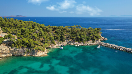Naklejka premium Aerial drone photo of famous small fishing port and village of Votsi in island of Alonissos, Sporades, Greece