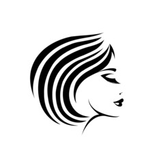 Beautiful woman with wavy hairstyle and elegant makeup.Hair salon and beauty studio vector illustration.Cosmetics and spa logo.Young lady portrait.Cute female face.