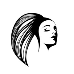 Beautiful woman with long, wavy hairstyle and elegant makeup.Hair salon and beauty studio vector illustration.Cosmetics and spa logo.Young lady portrait.Smiling female face with ponytail.