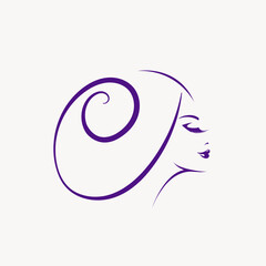 Beautiful woman with long, wavy hairstyle and elegant makeup.Hair salon and beauty studio vector illustration.Cosmetics and spa logo.Young lady portrait.Smiling female face.