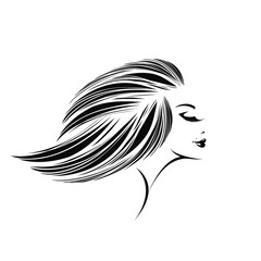 Beautiful woman with long, wavy hairstyle and elegant makeup.Hair salon and beauty studio vector illustration.Cosmetics and spa logo.Young lady portrait.Smiling female face.