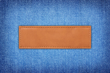 cclose up label close up label leather on blue Denim or blue Jeans background