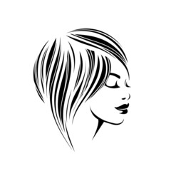 Beautiful woman with elegant hairstyle and makeup.Hair salon and beauty studio vector illustration.Cosmetics and spa logo.Young lady portrait.Smiling female face.