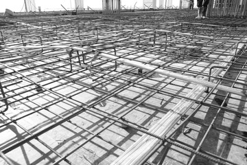 black and white abstract of under construction multistory building.