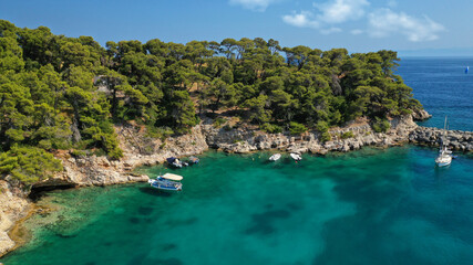 Aerial drone photo of famous small fishing port and village of Votsi in island of Alonissos, Sporades, Greece