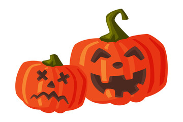 Couple of Halloween Scary Pumpkins with Spooky Faces, Happy Halloween Objects Cartoon Style Vector Illustration on White Background