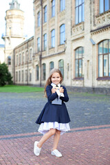 Cute schoolgirl of primary school on way to study. Beginning of lessons. Little girl in dress and with long hair outdoors near school building. Child with books. Back to school. Education concept. 